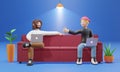 3D cartoon character Two men with laptops, sitting on Sofa and congratulations on success isolate blue background