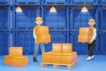 3D cartoon character Worker moving goods in factory