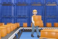 3D cartoon character Worker moving goods in factory