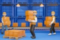3D cartoon character Worker moving goods in factory