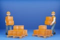 3D cartoon character Worker moving goods isolate blue background