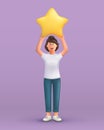 3D cartoon character. Young woman holding star. Customer review rating and client feedback concept Royalty Free Stock Photo
