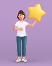 3D cartoon character. Young woman holding star. Customer review rating and client feedback concept Royalty Free Stock Photo