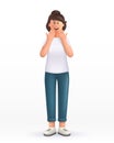 3D cartoon character. Young woman receiving a compliment, emotions of joy and embarrassment. Smiling cute brunette girl. 3d