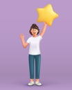 3D cartoon character. Young woman waving hand saying hi and holding a big star. Customer review rating and client feedback concept Royalty Free Stock Photo