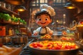 3D cartoon chef, cooking in a kitchen, vibrant colors Royalty Free Stock Photo