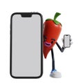 3d cartoon chili character appears from behind a big phone and holding phone