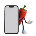 3d cartoon chili character character appears from behind a big phone