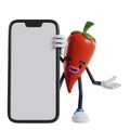 3d cartoon chili character appears from behind a big phone with open hand