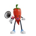 3d cartoon chili character holding a megaphone and pointing with index finger at the camera