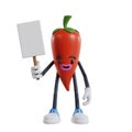 3d cartoon chili character standing holding white paper placard with right hand