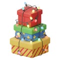 3D cartoon Christmas gift box stack with colorful lights isolated on white background Royalty Free Stock Photo