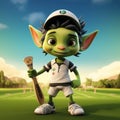 3d Cartoon Cricket: Cute Urban Elf With Bat And Ball Royalty Free Stock Photo
