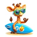 3D cartoon cute giraffe wearing glasses with happy expression and carrying surfboard isolated white background 4 Royalty Free Stock Photo