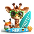 3D cartoon cute giraffe wearing glasses with happy expression and carrying surfboard isolated white background 5 Royalty Free Stock Photo