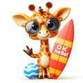 3D cartoon cute giraffe wearing glasses with happy expression and carrying surfboard isolated white background 7 Royalty Free Stock Photo