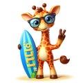 3D cartoon cute giraffe wearing glasses with happy expression and carrying surfboard isolated white background 9 Royalty Free Stock Photo