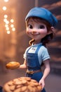 3d cartoon cute young girl baker at the bakery with breads. generative AI