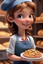 3d cartoon cute young girl baker at the bakery with breads. generative AI