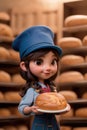 3d cartoon cute young girl baker at the bakery with breads. generative AI