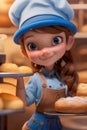 3d cartoon cute young girl baker at the bakery with breads. generative AI