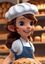 3d cartoon cute young girl baker at the bakery with breads. generative AI