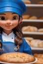 3d cartoon cute young girl baker at the bakery with breads. generative AI