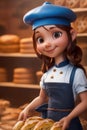 3d cartoon cute young girl baker at the bakery with breads. generative AI