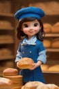 3d cartoon cute young girl baker at the bakery with breads. generative AI