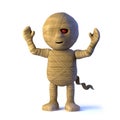 3d Cartoon Egyptian mummy monster cheers with joy