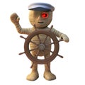 3d cartoon Egyptian mummy monster dressed as a sailor at the ships wheel, 3d illustration