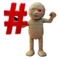 3d cartoon Egyptian mummy monster holding a hashtag social media internet symbol, 3d illustration