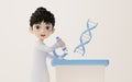 3D cartoon female researcher and DNA, 3d rendering Royalty Free Stock Photo
