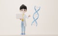 3D cartoon female researcher and DNA, 3d rendering Royalty Free Stock Photo