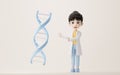 3D cartoon female researcher and DNA, 3d rendering Royalty Free Stock Photo