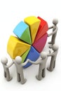 3D cartoon figurines collaborating on assembling colorful pie chart segments, symbolizing teamwork and unity in Royalty Free Stock Photo