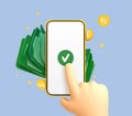 3D cartoon finger touching screen of smartphone with coins and dollar bills. Online payment concept. Mobile wallet application. Royalty Free Stock Photo