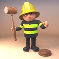 3d cartoon fire fighter fireman in high visibility clothing with judges gavel