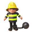 3d cartoon firefighter rescue services worker dragging a ball and chain