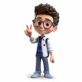 3d cartoon of a friendly funny school-aged kid in glasses on a white background