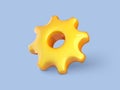 3D cartoon gear icon isolated on blue background. Vector 3d illustration plastic volumetric yellow gear