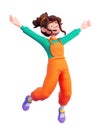 3d cartoon girl rejoices, jumping and holding her arms up. 3d character illustration Royalty Free Stock Photo