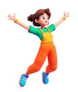 3d cartoon girl rejoices, jumping and holding her arms up. 3d character illustration Royalty Free Stock Photo