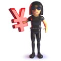3d cartoon gothic girl in rubber catsuit holding a Yen currency symbol