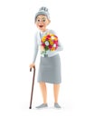 3d cartoon granny holding flower bouquet