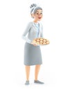 3d cartoon granny holding strawberry pie