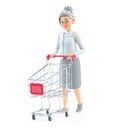 3d cartoon granny pushing a shopping cart