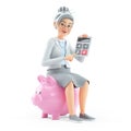 3d cartoon granny sitting on piggy bank with calculator