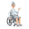 3d cartoon granny sitting in wheelchair and saying hello