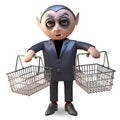 3d cartoon Halloween vampire dracula holding two empty shopping baskets, 3d illustration